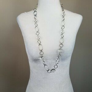 Clear Bead Necklace 32" Silver Tone Oval Chain Mod Retro Style‎